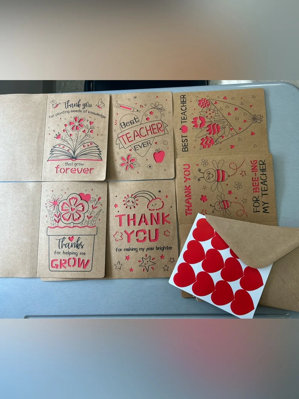 Thank You Teacher Card Set with Red Accents with heart stickers/envelopes